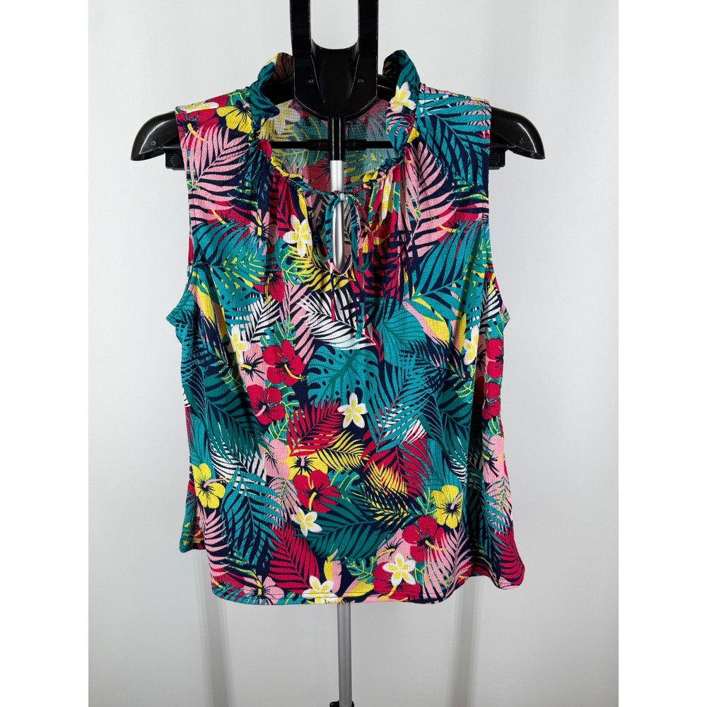 Melloday Tropical Floral Sleeveless Ruffle Neck‎ Top XL Teal Pink